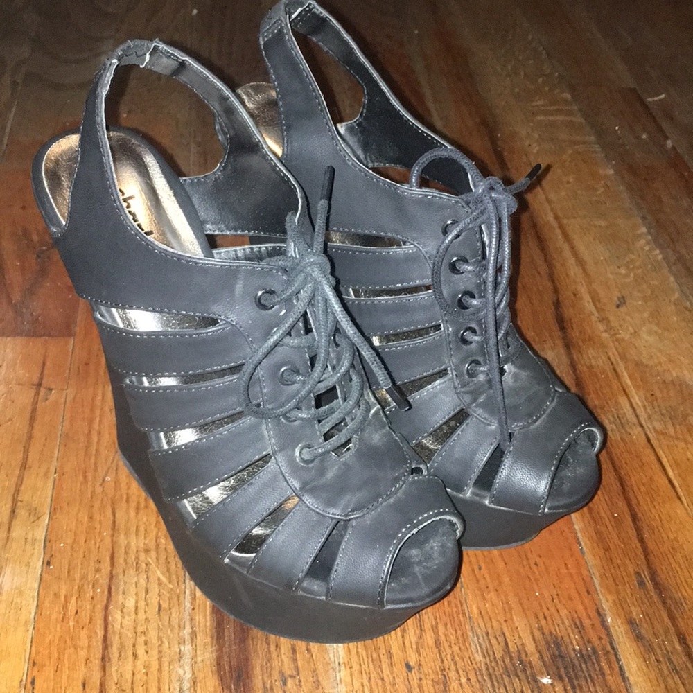 Black Wedge Lace Up Heels